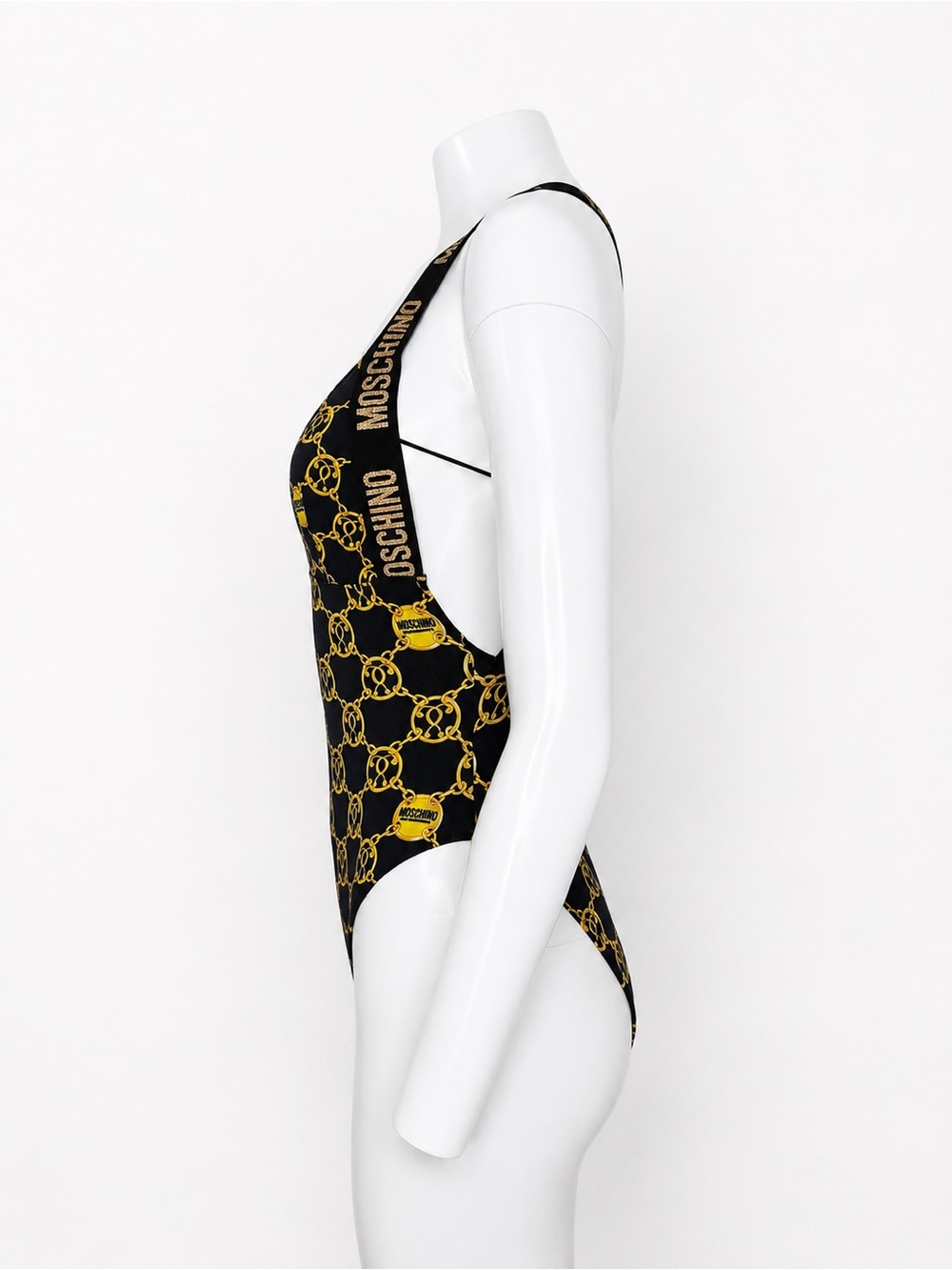 Moschino Women’s S Black Gold Chain Print One Piece Swimsuit Logo Strap - Picture 3 of 5